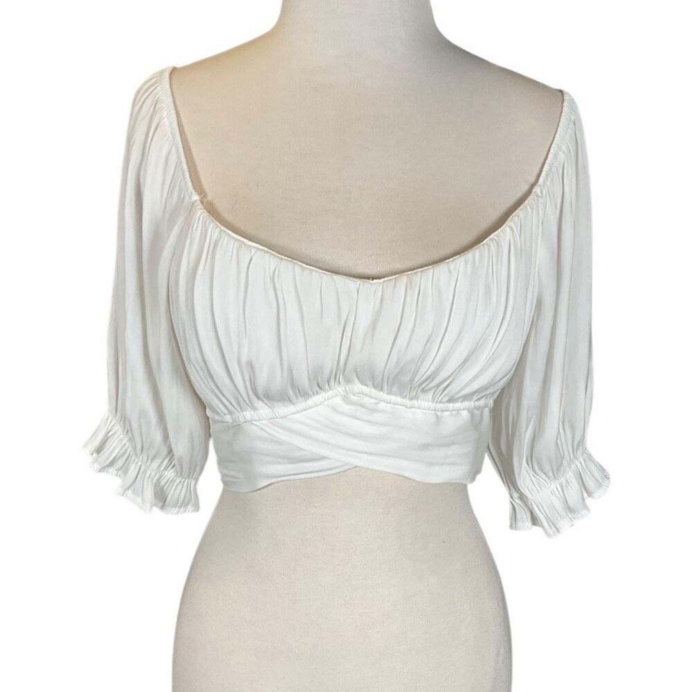 Timing White Cottagecore Tie Back Top Large Peasant Puff Sleeve Crop Romantic